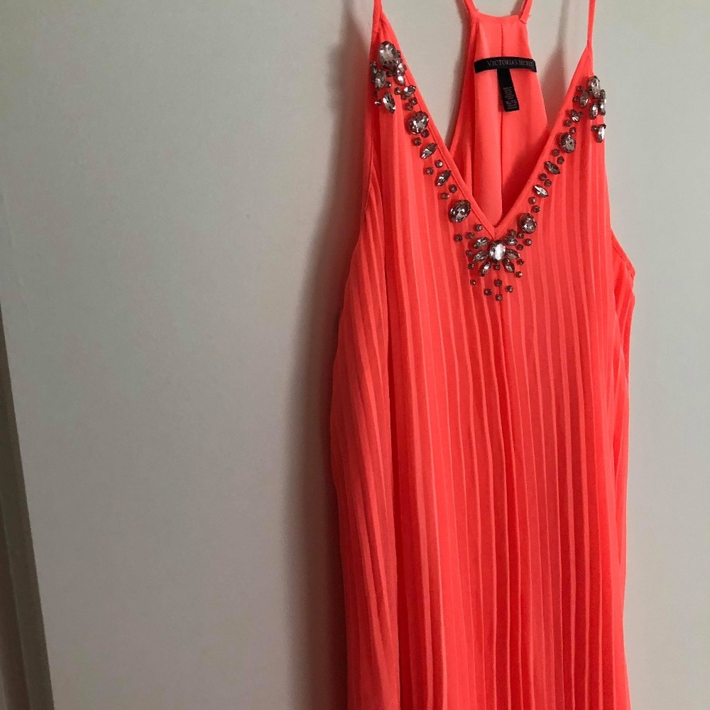 VS Embellished Knife Pleat Maxi Dress in Coral